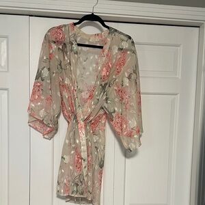Kori Sheer Floral Kimono Wrap - Pink & Sage on Cream